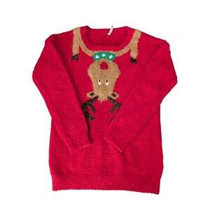 Christmas Sweater Red Reindeer Rudolph Fuzzy Cozy Holiday Pullover Sz M